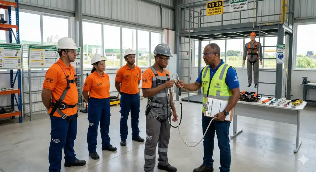 Treinamento de segurança com uso de EPIs conforme NR 35, destacando conformidade e regras de trabalho em altura