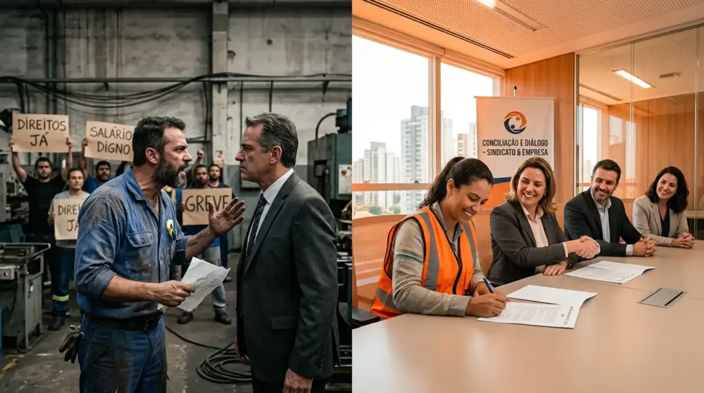 Imagem dividida em duas cenas: à esquerda, trabalhadores em manifestação com cartazes sobre direitos trabalhistas; à direita, reunião em ambiente corporativo com funcionários assinando documentos e mantendo diálogo entre sindicato e empresa. Contexto de Acordo Trabalhista: o que é, como funciona e quais são seus direitos.