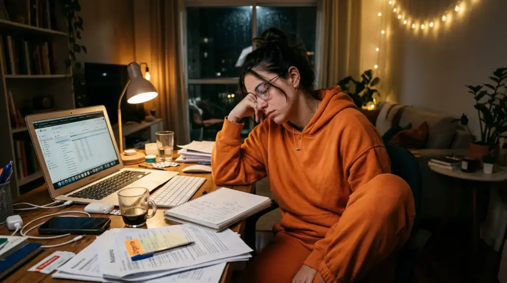 Pessoa trabalhando em casa à noite, com laptop e papéis na mesa, usando fone e parecendo exausta e com dor de cabeça, simulando estresse e possível Burnout: sintomas e estágios no ambiente de trabalho.