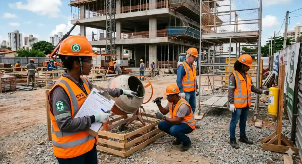 Equipe de trabalhadores na construção civil usando equipamentos de segurança e realizando inspeções, destacando a importância da CIPA, conforme a lei.