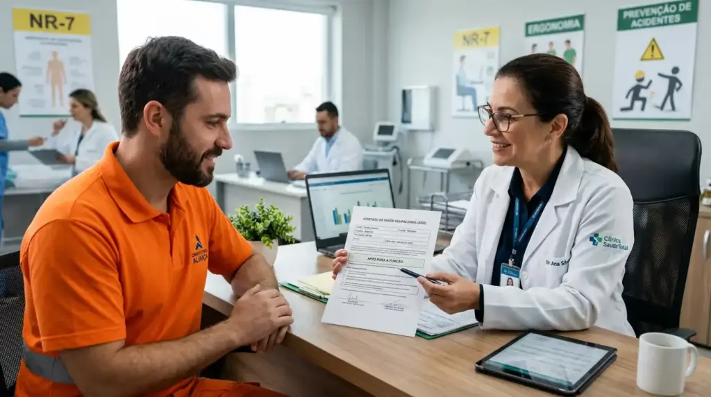 Homem em consulta médica no consultório com a médica explicando sobre o ASO, exames médicos e legislação relacionada ao tema.