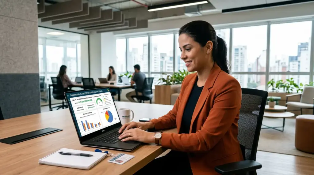 Profissional em escritório usando um notebook com gráficos e dashboard de analytics, apresentando relatórios de dados para explicar GRO: o que é, como funciona e por que implementar na empresa.