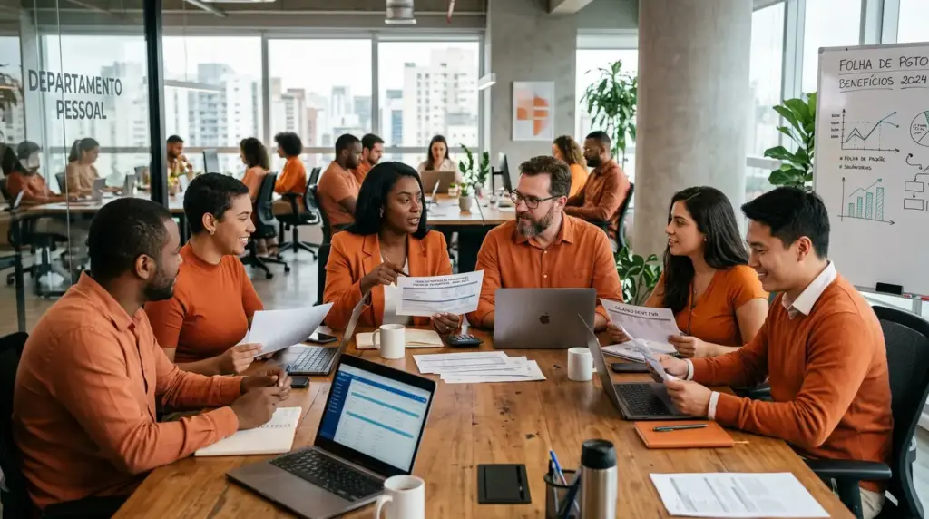 Reunião em escritório com equipe do departamento pessoal analisando documentos e planilhas de folha de pagamento, com gráficos e quadro de “Folha de Pagto”, representando salário base e cálculo no holerite.