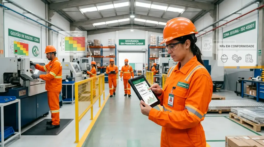 Equipe em fábrica usando EPI e tablet em sala industrial, com painel de segurança e conformidade visível ao fundo, comunicação de GRO na gestão de riscos.