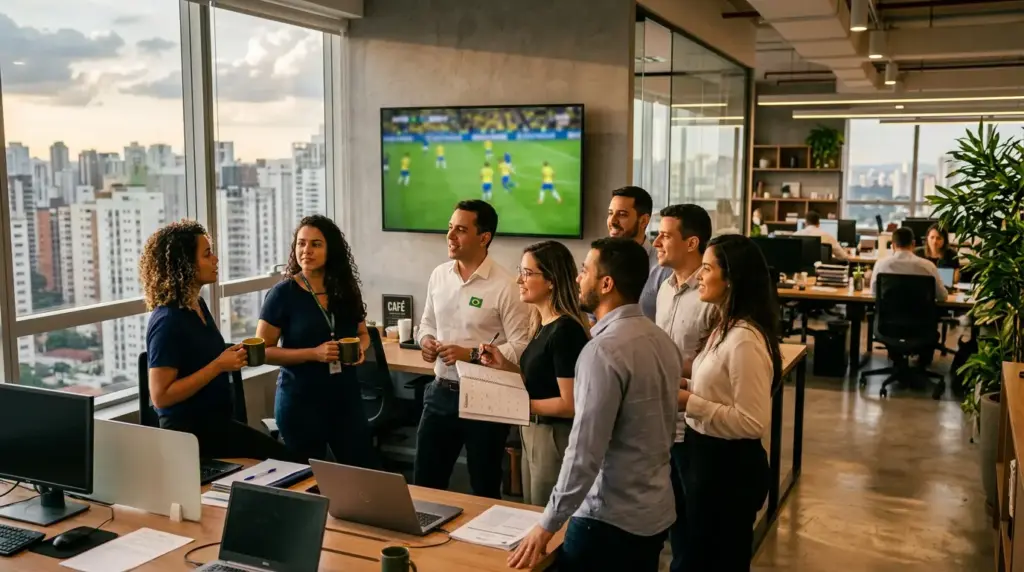 Equipe reunida em escritório moderno assistindo a jogo na TV, com colegas segurando bebidas e documentos em mesas, sugerindo planejamento de folga em dia de jogo do Brasil na Copa 2026.