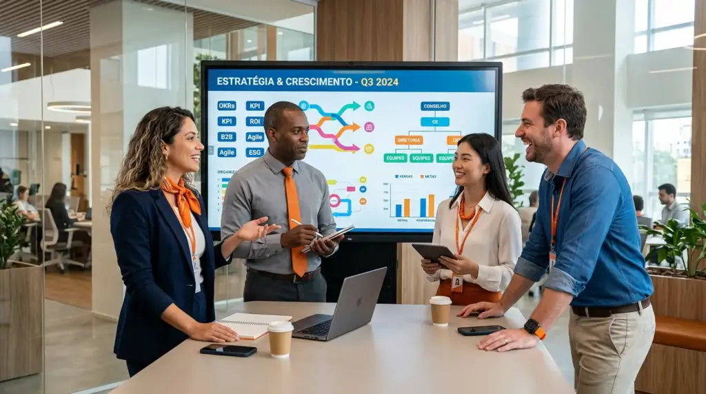 Equipe corporativa em reunião no escritório, apresentando em uma TV a apresentação “Estratégia & Crescimento – Q3 2024” com gráficos e fluxos, discutindo KPIs e OOKRs.