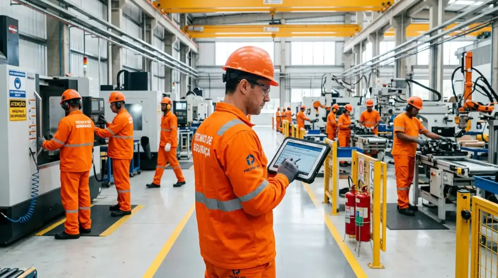 Equipe de segurança e produção em fábrica industrial, com trabalhadores usando EPI e capacete laranja; um técnico registra informações em tablet enquanto monitora máquinas.