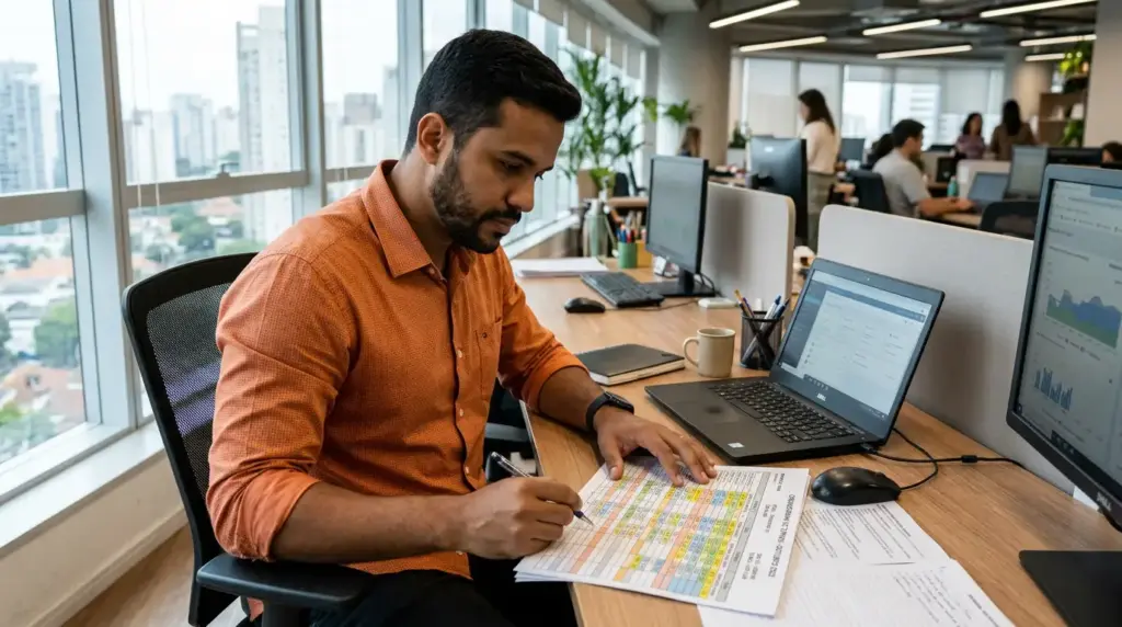 Pessoa em escritório trabalhando com computadores e planilhas, analisando um gráfico e números impressos sobre a mesa, em ambiente corporativo. Contexto de planejamento e cálculo para Escala 12x36: como funciona.