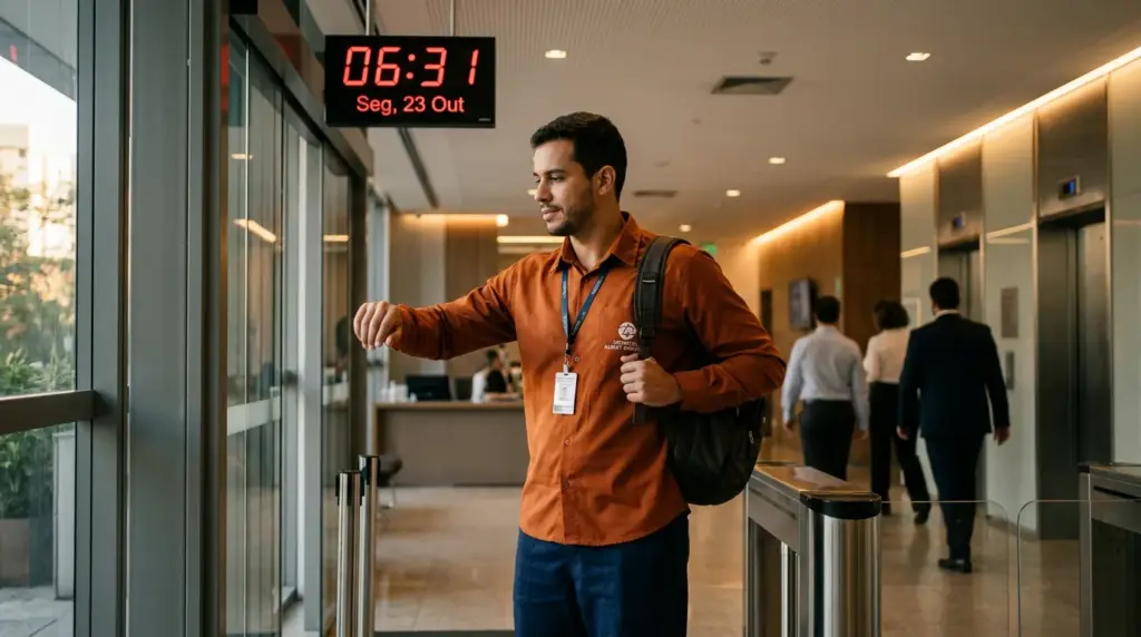 Homem com crachá e mochila atravessando um corredor de prédio corporativo, apontando para uma porta de acesso enquanto o relógio digital “06:31” e a data “Seg, 23 Out” aparecem no painel. A imagem ilustra um ambiente de controle de acesso relacionado à Escala 12x36: como funciona.
