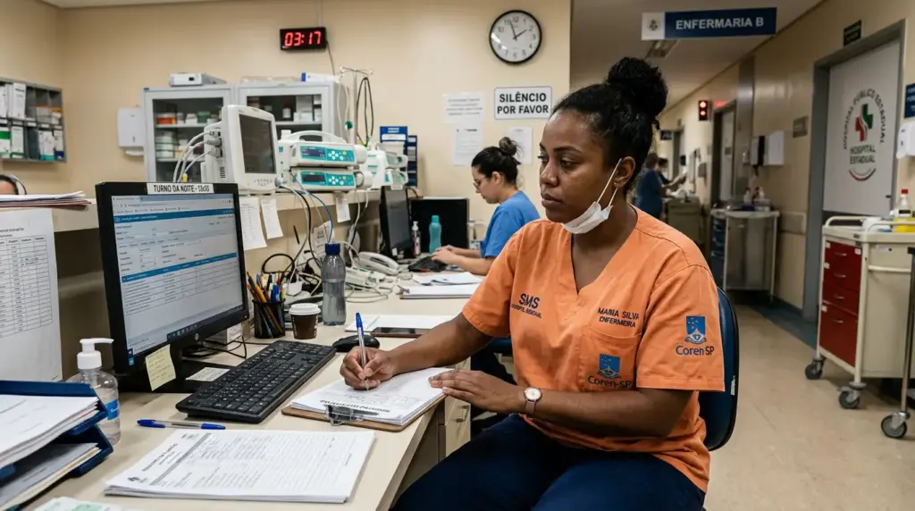 Profissional de enfermagem em ambiente hospitalar, realizando anotações em formulários enquanto monitora equipamentos médicos ao lado de computadores em enfermaria.