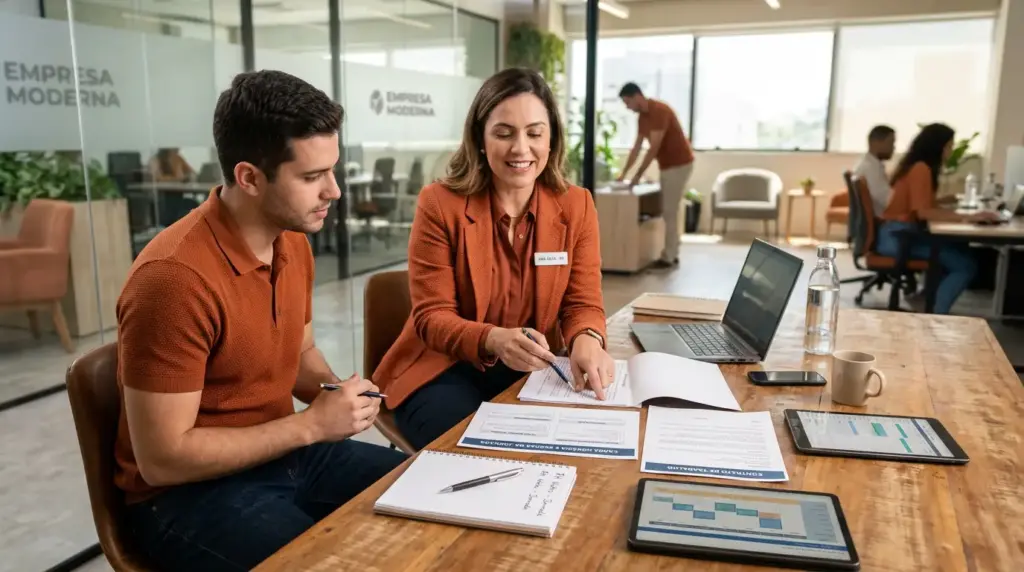 Equipe em sala de escritório analisando documentos e uma planilha em tablets e laptop, enquanto discutem como funciona a Escala 12x36 durante reunião de trabalho.