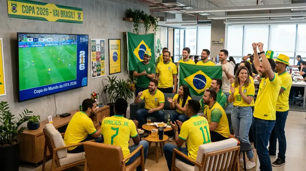 Equipe de funcionários celebrando com camisa da seleção brasileira e bandeira do Brasil em um escritório durante o clima de Copa 2026, com telão de jogo e discussão em grupo.