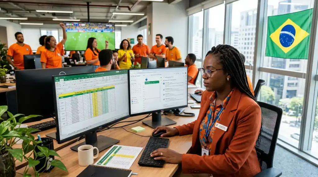 Equipe de escritório com profissionais em frente a computadores, analisando planilhas e sistemas de trabalho; ao fundo, uma bandeira do Brasil em ambiente corporativo durante a Copa 2026.