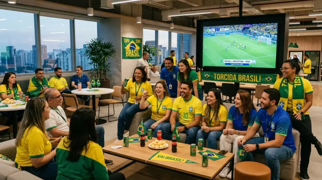 Equipe reunida em sala de escritório corporativo com bandeira do Brasil e telão exibindo jogo da Copa 2026, pessoas vestidas com amarelo e verde em clima de torcida, com bebidas e lanches sobre a mesa.