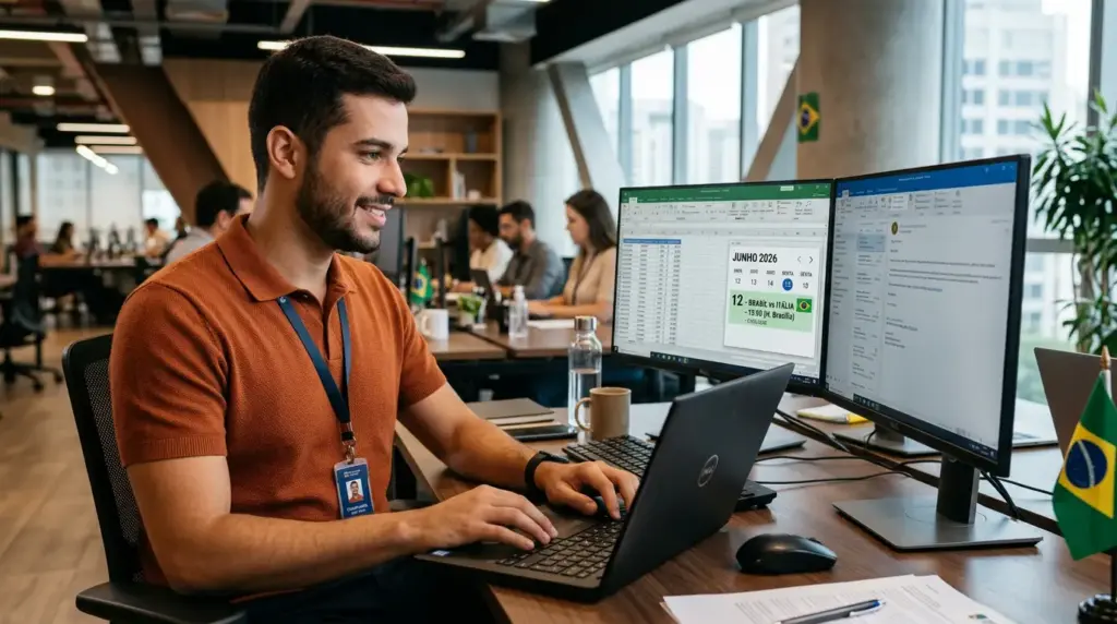 Profissional de RH em escritório moderno trabalhando em dois monitores com calendário e informações sobre escala de trabalho, ao lado da bandeira do Brasil.