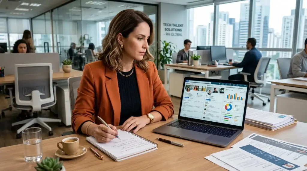 Profissional de RH em escritório moderno analisa documentos e dados em um notebook, enquanto realiza anotações na mesa. Tela mostra painel de métricas e relatórios.