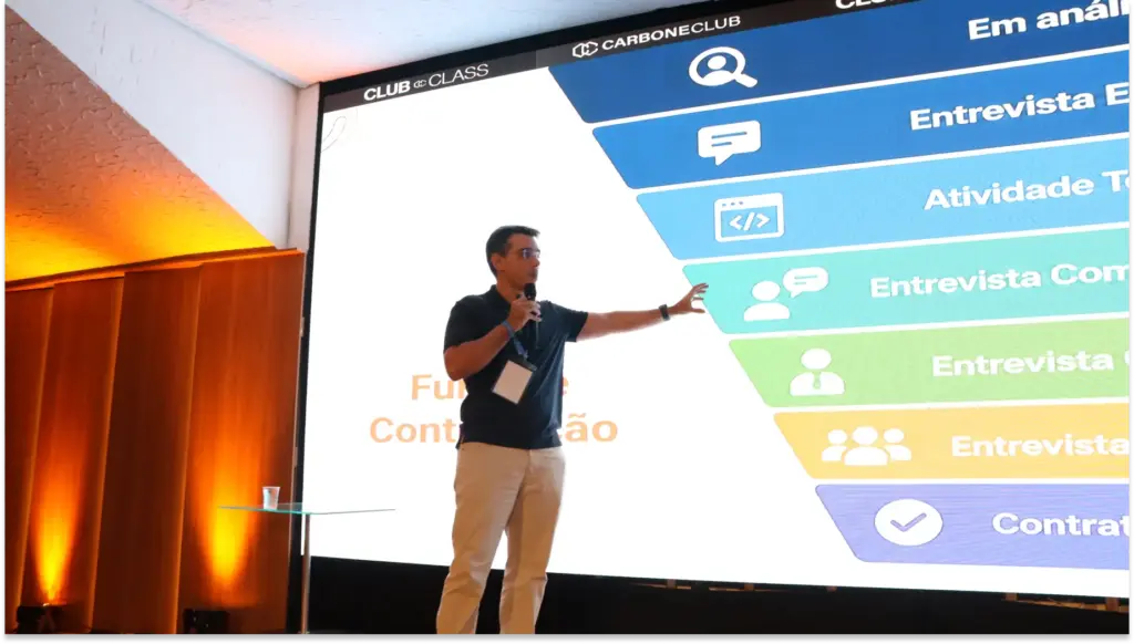 Palestrante em um palco, fazendo apresentação com microfone diante de um telão que exibe informações e ícones sobre Insights palestra “Contratação e Retenção - Carbone Class”.