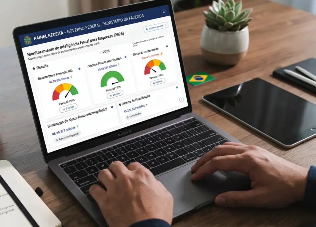 Pessoa analisando painel de monitoramento de inteligência fiscal no laptop, com destaque para gráficos e valores relacionados à Receita Federal do Brasil.