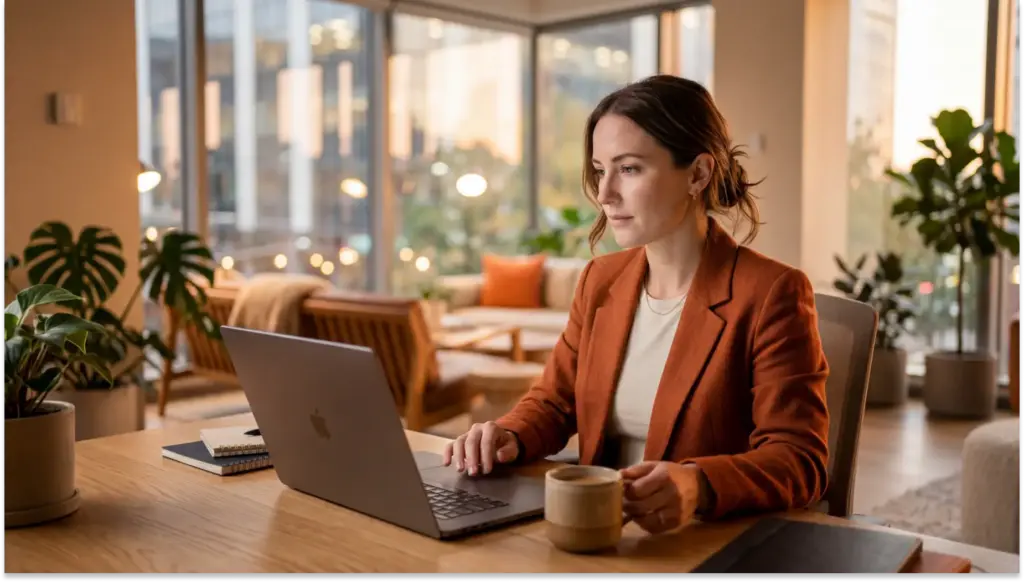 Mulher profissional trabalhando com IA com teor emocional em um laptop em um escritório moderno e iluminado, com mesa de madeira, caneca e janela grande ao fundo com vista urbana.