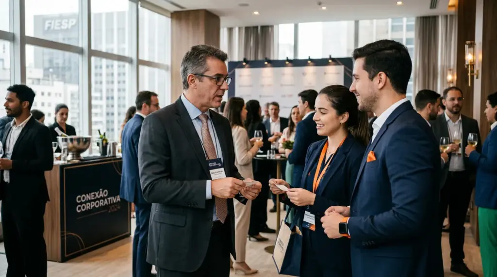 Profissionais em evento de networking corporativo em um auditório, enquanto um homem apresenta uma palestra e outro conversa com participantes com crachás e lanyards ao fundo.