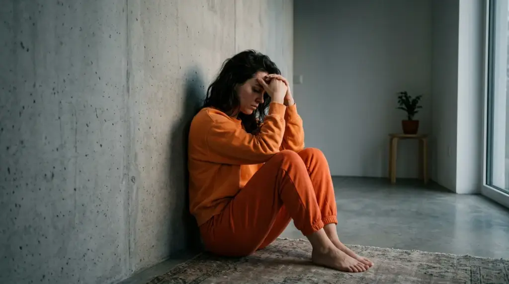 Pessoa sentada no chão, abraçando o rosto com expressão de exaustão e tristeza, em ambiente interno com pouca luz, simbolizando sinais de burnout como estresse e cansaço mental.