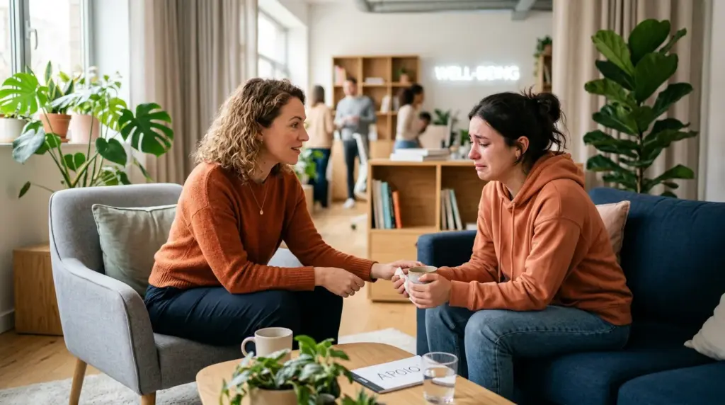 Duas pessoas conversam em um ambiente de escritório acolhedor, sentadas em sofás, com gesto de apoio e acolhimento, sugerindo acompanhamento em saúde mental e prevenção de burnout
