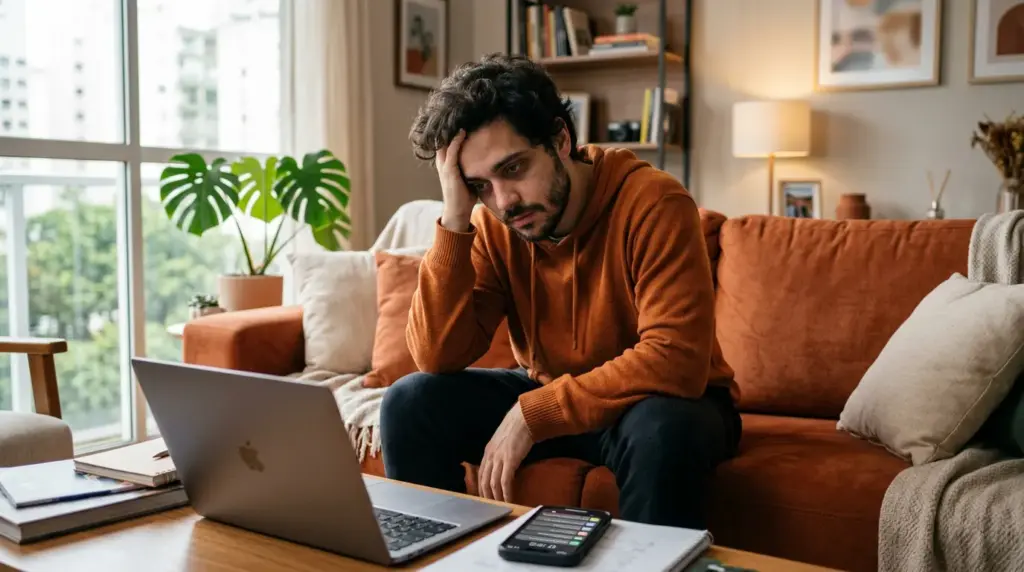 Homem sentado no sofá, com expressão cansada e mão no rosto, trabalhando no notebook em casa; material de trabalho e celular na mesa, sugerindo estresse e Burnout com sintomas e impactos no dia a dia