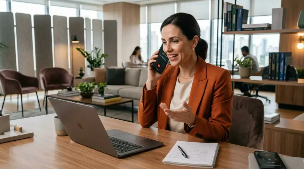 Profissional de RH em escritório usando telefone e computador, em ambiente corporativo moderno, representando o que é headhunter e para que serve no processo de recrutamento e seleção.