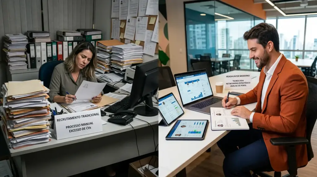 Comparativo de recrutamento e analytics de RH em escritório: documentos e processo tradicional em uma mesa e, no outro lado, profissional usando telas com painel de “Headhunter moderno” e métricas.
