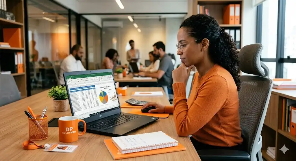 Imagem de uma mulher concentrada analisando dados em um computador portátil em ambiente de escritório, com outros colegas de trabalho ao fundo, relacionado ao tema Onerosidade trabalhista: o que é e o que diz a lei.