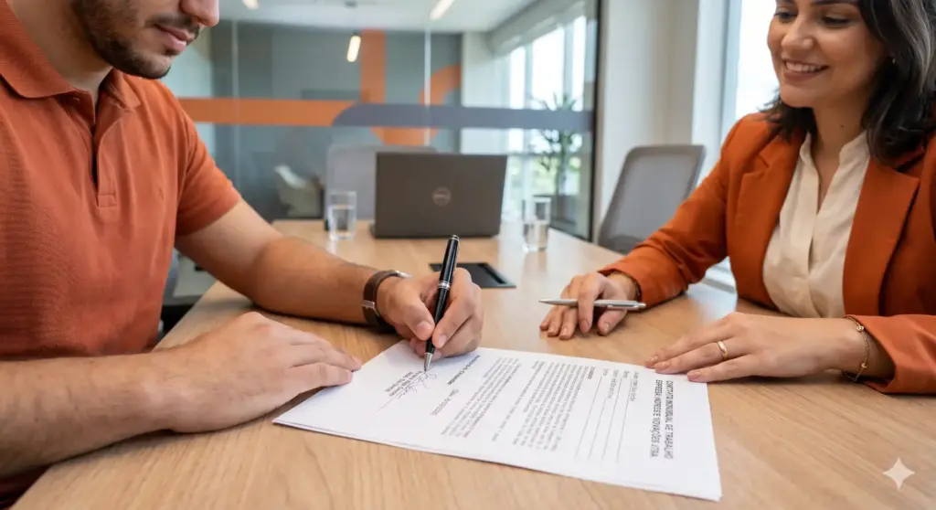 Imagem de duas pessoas assinando um documento em uma mesa de escritório, discutindo questões relacionadas à onerosidade trabalhista, seus conceitos e a legislação pertinente.