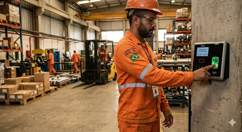 Homem na indústria usando crachá e equipamento de segurança, operando controle de acesso de funcionário para evitar onerosidade trabalhista, dentro de fábrica com várias pessoas trabalhando ao fundo.