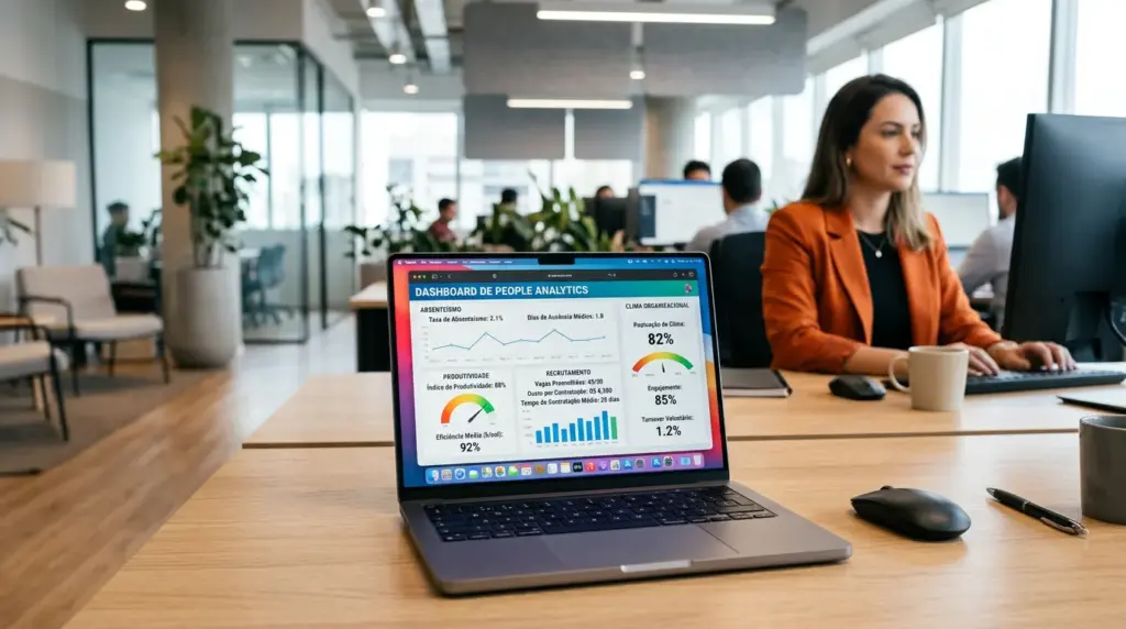 Mulher em escritório analisando em um notebook um dashboard de People Analytics com gráficos e indicadores de desempenho de RH, conceito de People Analytics: o que é, como funciona e por que seu RH precisa disso.
