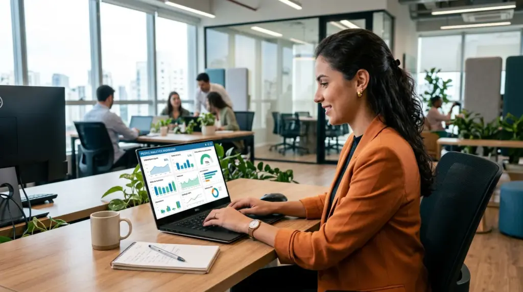 Profissional em escritório analisando People Analytics em um laptop com dashboards de gráficos e indicadores de desempenho, enquanto trabalha em equipe ao fundo.