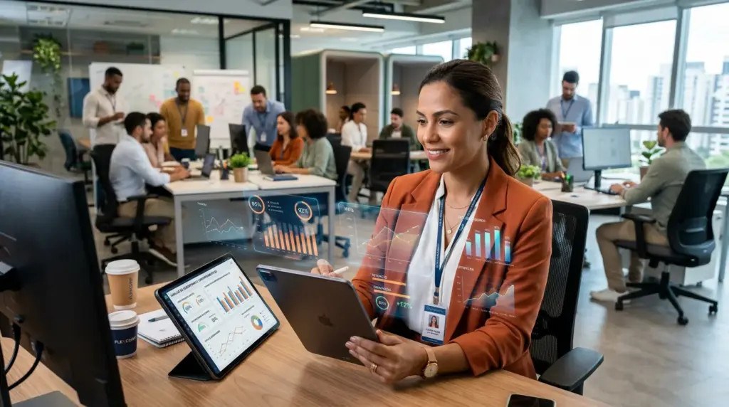 Profissional de RH em escritório moderno, analisando dados e indicadores em telas com gráficos, tablets e laptop. Exemplo visual de People Analytics para tomada de decisão.