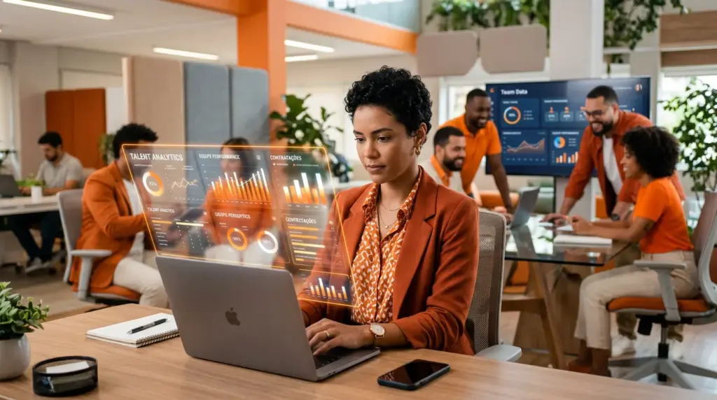Profissional em escritório usando People Analytics no RH, com gráficos holográficos de métricas de talento e equipe ao fundo, enquanto colegas analisam dados em equipe.