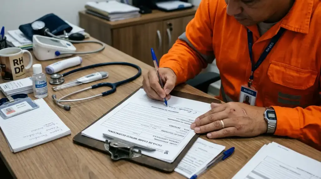 Profissional de saúde assinando documento relacionado à máscara de oxigênio (ASO), importante para saúde ocupacional, com detalhes sobre tipos, quem precisa e a legislação.