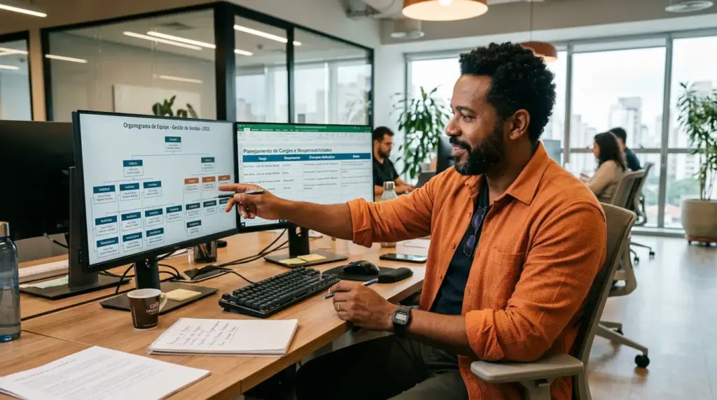 Homem em ambiente corporativo aponta para um quadro de planejamento de pessoal exibido em dois monitores, demonstrando como criar e gerenciar o quadro de pessoal em empresa.