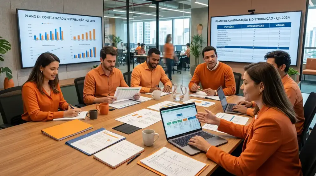 Reunião de equipe no escritório com gestores analisando um plano de contratação e distribuição em telas de gráficos e planilhas, apoiando a criação e gestão do quadro de pessoal.