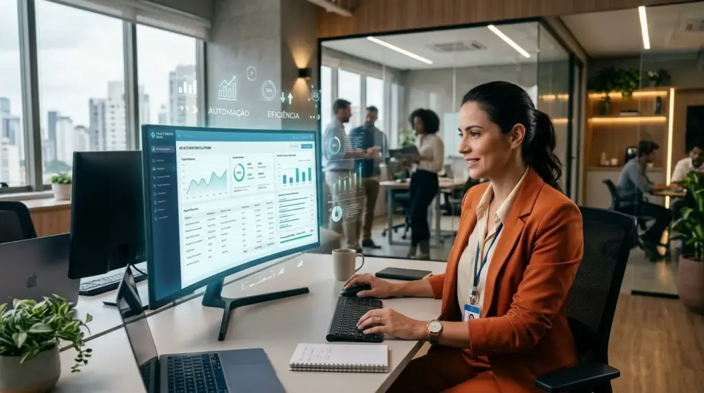 Profissional de RH em escritório usando computador para analisar gráficos e indicadores em painel de gestão, em contexto de Reforma Tributária 2026: o que muda para o RH e DP.