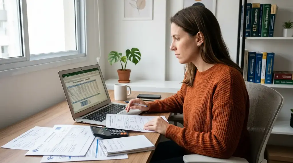 Mulher analisando planilhas no notebook em escritório, com documentos e calculadora sobre a mesa, enquanto prepara orientações sobre Reforma Tributária 2026 para RH e DP.