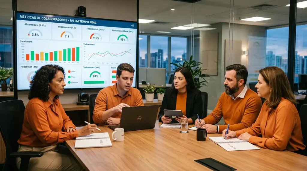 Reunião em escritório com equipe analisando dashboards e indicadores de métricas de colaboradores, como People Analytics: o que é, como funciona e por que seu RH precisa disso.