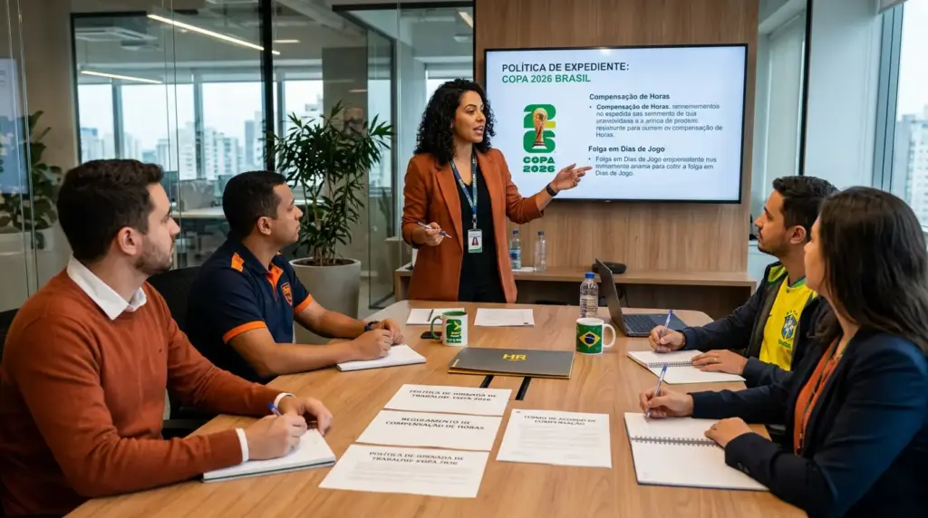 Reunião em escritório com equipe conversando enquanto uma mulher apresenta em telão informações sobre política de expediente e folga em dias de jogo do Brasil na Copa 2026 para RH