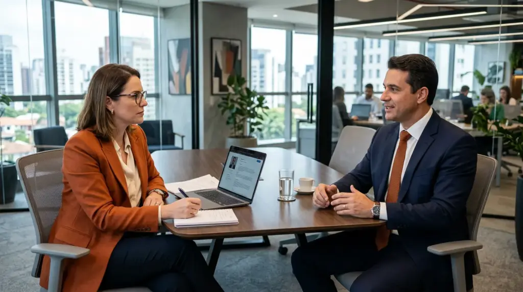 Reunião em escritório moderno entre profissional de RH e candidato: conversa durante processo seletivo com notebook e documentos na mesa, enquanto analisam vagas e perfil.