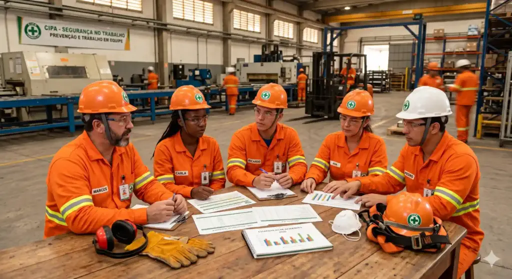 Equipe de trabalhadores em uma reunião de segurança industrial na fábrica, destacando a importância da CIPA e as exigências legais para a prevenção de acidentes.