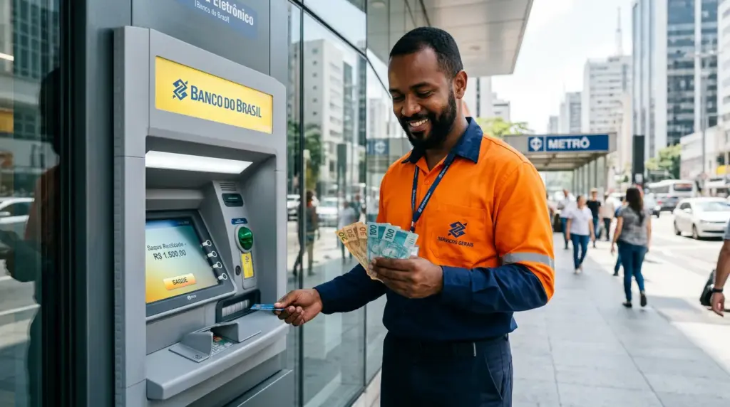 Homem de uniforme usando dinheiro em frente a caixa eletrônico do Banco do Brasil na rua da cidade, próximo ao holerite e conceito de Salário Base.