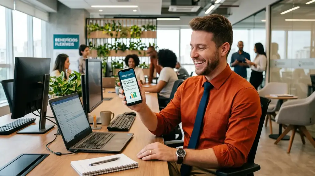 Homem em escritório sorrindo enquanto mostra no celular um holerite com destaque para salário base e gráficos de pagamento, ao lado de computador e planilhas.