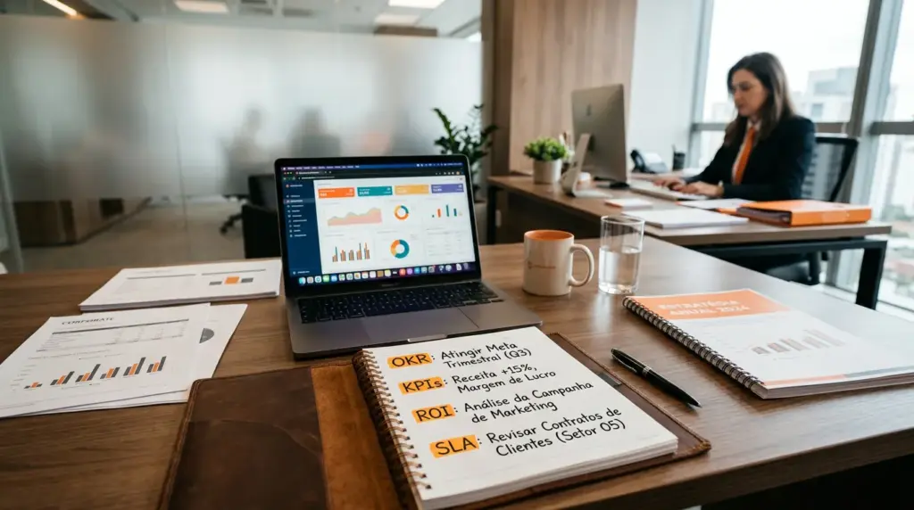 Mesa de escritório com notebook exibindo dashboards de KPIs e ROI, cadernos abertos com siglas corporativas como KPl, SLA e OKR, caneca e copo ao lado, enquanto uma profissional trabalha em uma sala moderna de negócios.