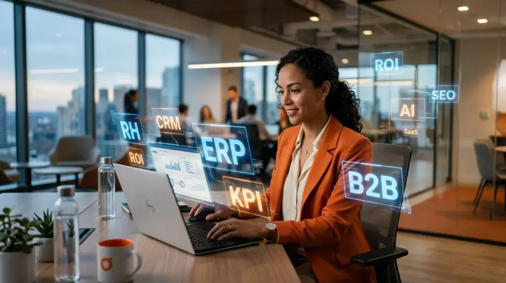 Profissional em escritório moderno usando laptop e visualizando siglas corporativas em painéis digitais como ERP, CRM, RH, ROI, SEO, AI, KPI e B2B, tema “Siglas corporativas: o guia completo para não errar”.
