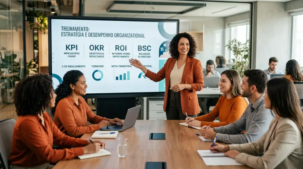 Treinamento corporativo em sala de reunião: uma palestrante apresenta um slide com siglas de gestão como KPI, OKR, ROI e BSC para uma equipe durante estratégia e desempenho organizacional.